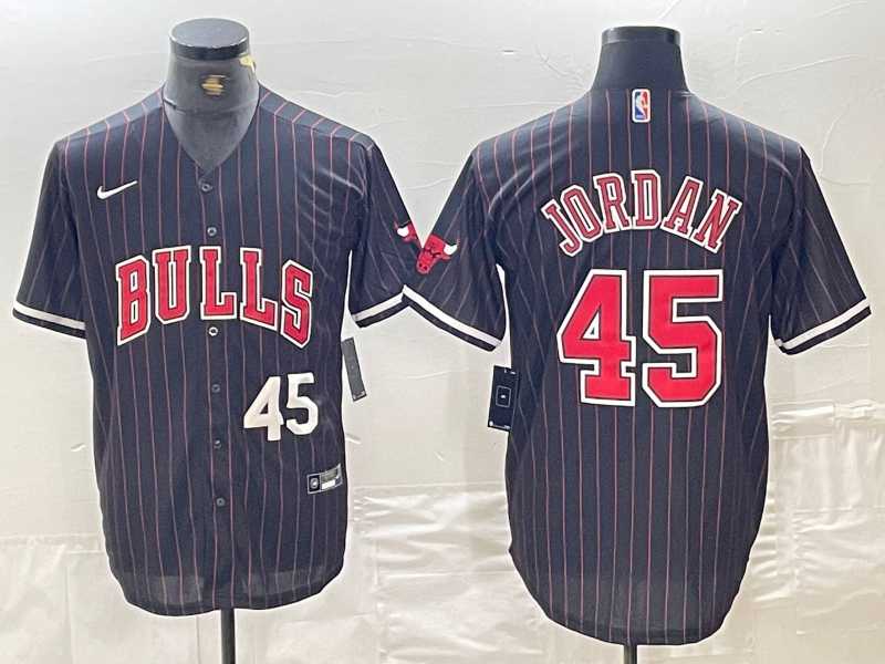 Mens Chicago Bulls #45 Michael Jordan Number Black Pinstripe Cool Base Stitched Baseball Jersey->->NBA Jersey